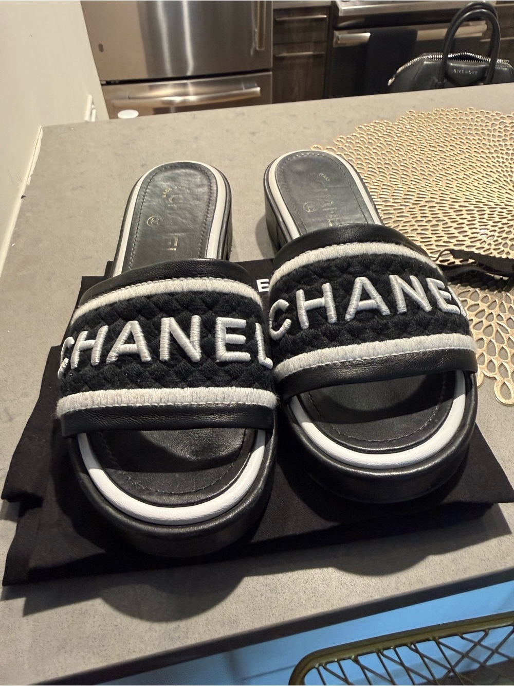 CHANEL Black and White Quilted Slide Sandals Size 39